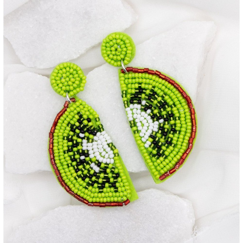 Beaded Kiwi Fruit Earrings, Green Embroidered Earrings, Statement Earrings
